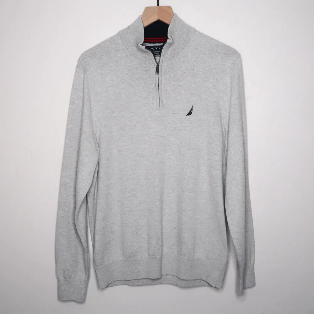 Nautica Mens Quarter Zip Sweater Size Medium Gray‎ Navtech Preppy Academia Y2K